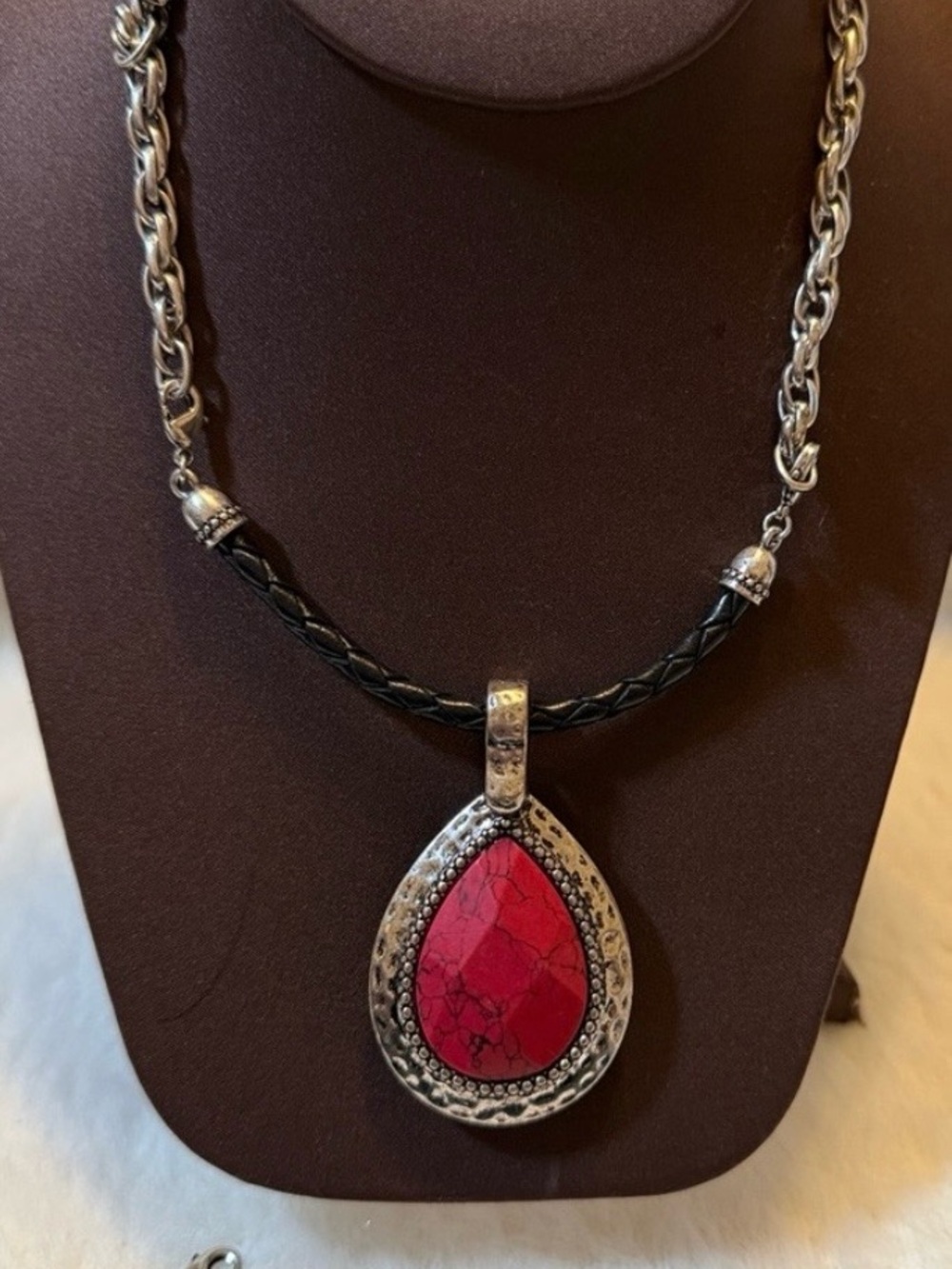 3/$18 Red and White Teardrop Pendant Necklace with Braided Cord Lot 6045
